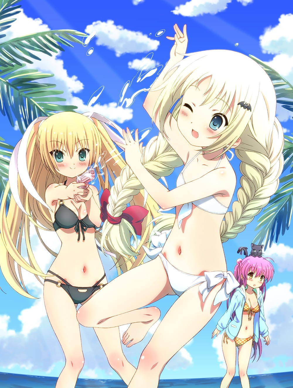 bikini, cleavage, futaki_kanata, little_busters!, miyajima_hitoshi, noumi_kudryavka, swimsuits, tokido_saya