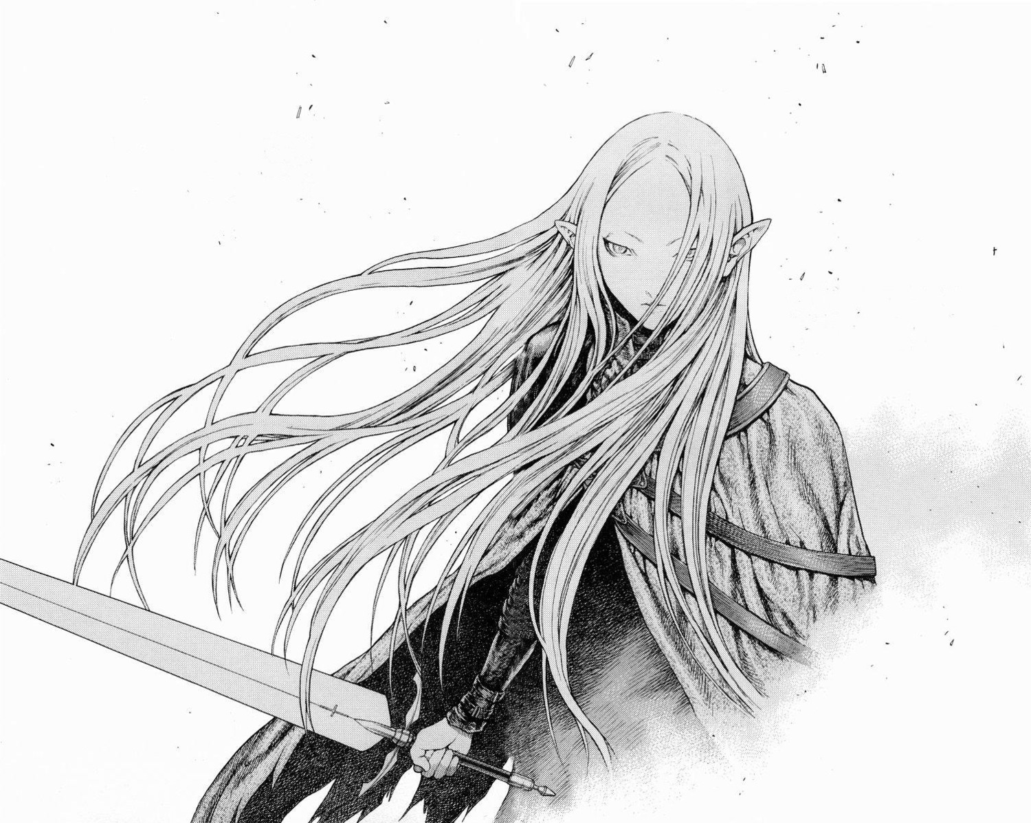 claymore, irene, monochrome, pointy_ears, sword, yagi_norihiro