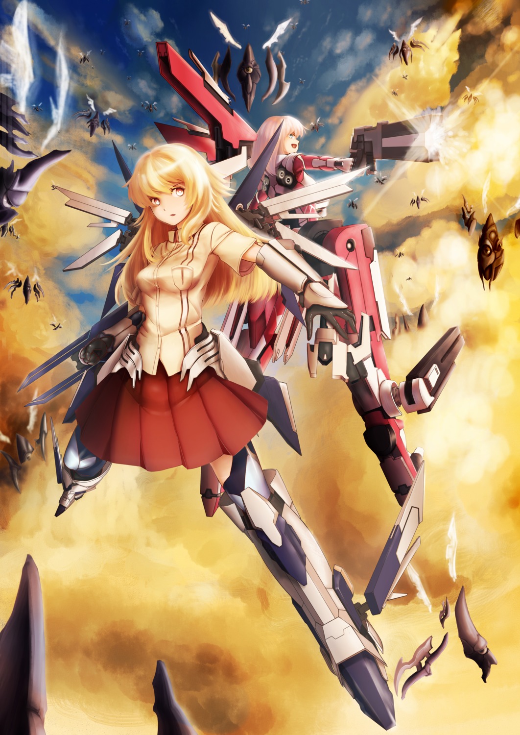 armor, gun, iltusa, mecha, mecha_musume, monster, seifuku, weapon