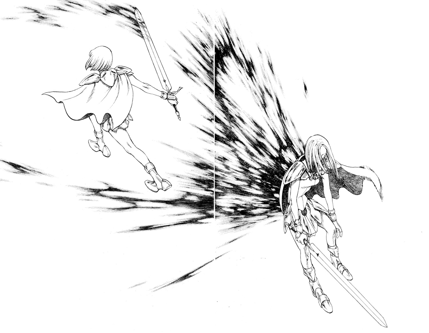 armor, blood, clare, claymore, elena_(claymore), gap, monochrome, sword, yagi_norihiro