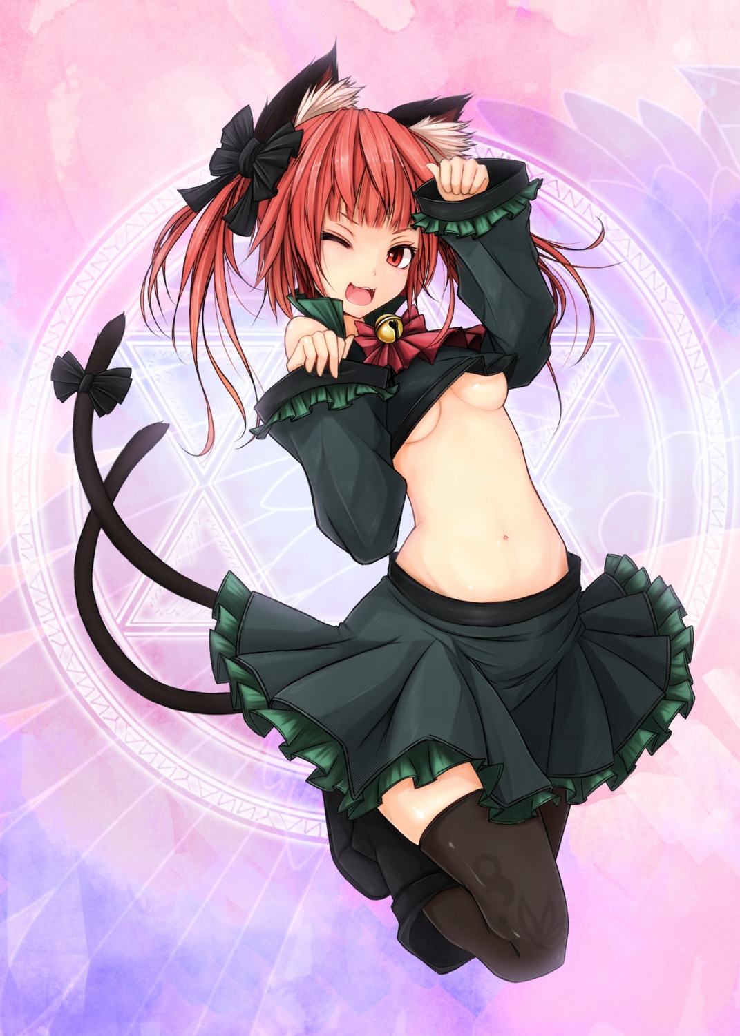 animal_ears, kaenbyou_rin, maru-pen, nekomimi, tail, thighhighs, touhou, underboob