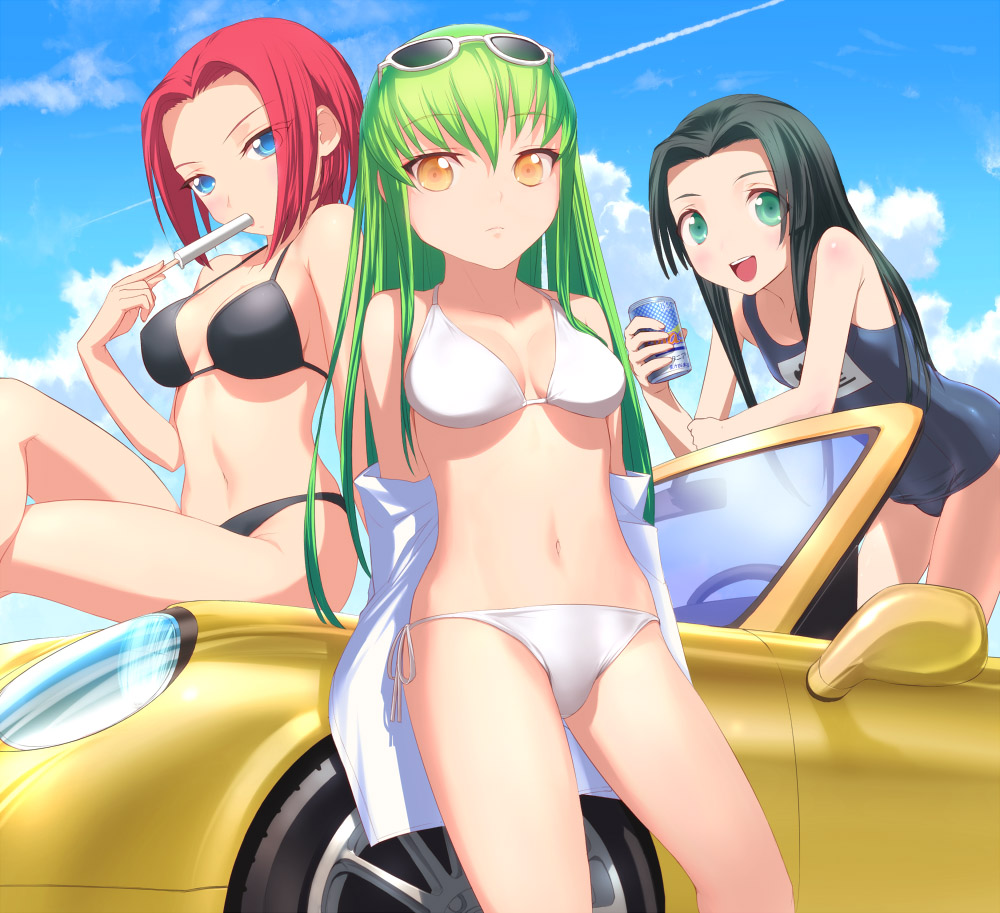 bikini, c.c., code_geass, kallen_stadtfeld, school_swimsuit, sumeragi_kaguya, swimsuits, uni