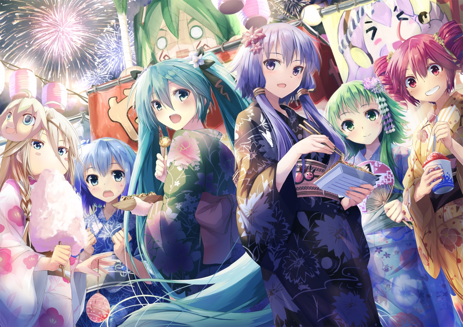 aoki_lapis, daidou_(demitasse), gumi, hatsune_miku, ia_(vocaloid), kasane_teto, kimono, utau