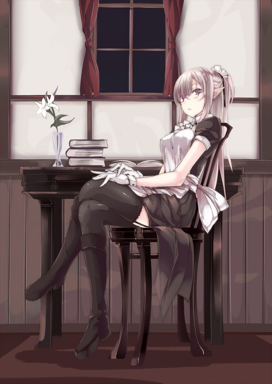maid, megane, pointy_ears, stockings, thighhighs, touma_raito