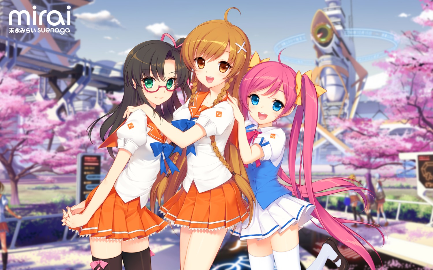 culture_japan, dmyo, hoshikawa_kanata, megane, seifuku, suenaga_haruka, suenaga_mirai, thighhighs
