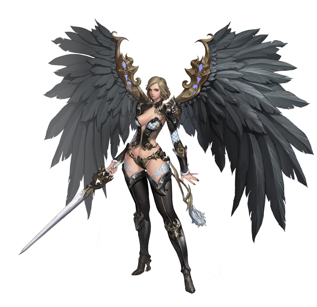 cleavage, dospi, sword, thighhighs, wings