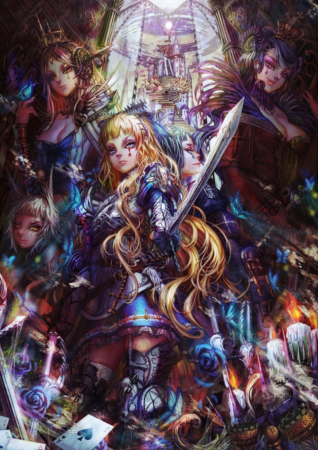 armor, cleavage, edenfox, pantsu, stockings, string_panties, sword, thighhighs