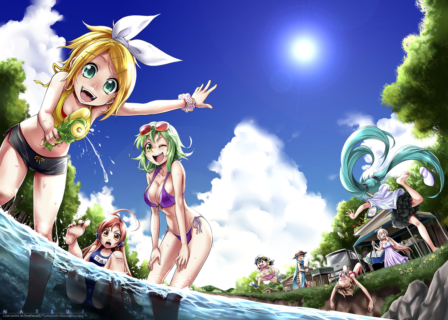 bikini, cleavage, gumi, hatsune_miku, kagamine_rin, kitano_tomotoshi, school_swimsuit, swimsuits