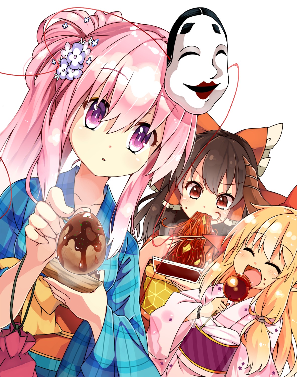 hakurei_reimu, hata_no_kokoro, horns, ibuki_suika, kimono, kotomuke_fuurin, touhou