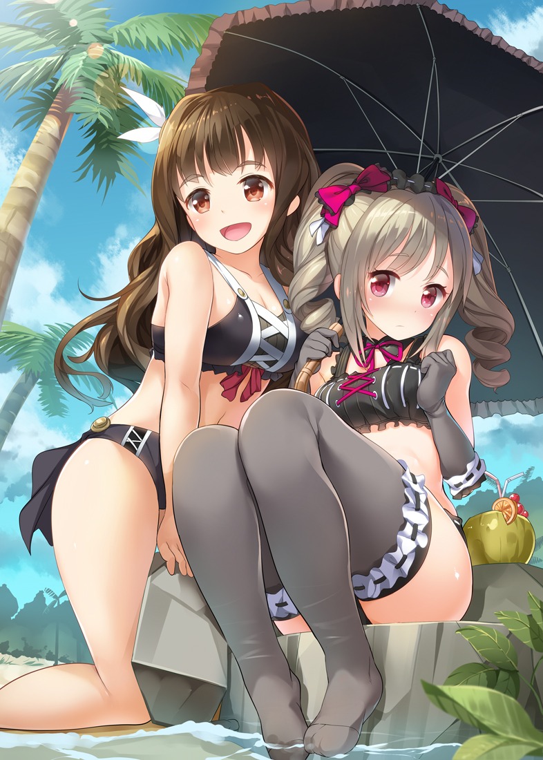 bikini, cleavage, garter, kamiya_nao, kanzaki_ranko, swimsuits, takasaka_donten, the_idolm@ster, the_idolm@ster_cinderella_girls, thighhighs