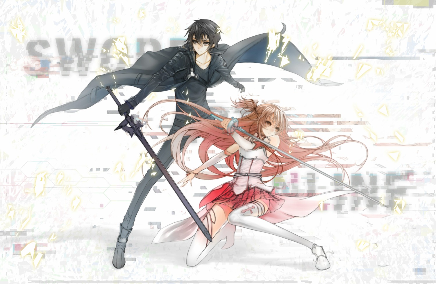 asuna_(sword_art_online), kirito, minevi, sword, sword_art_online, thighhighs