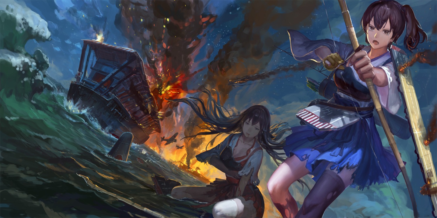 akagi_(kancolle), kaga_(kancolle), kantai_collection, nanairono_kaigashi, thighhighs, torn_clothes, weapon
