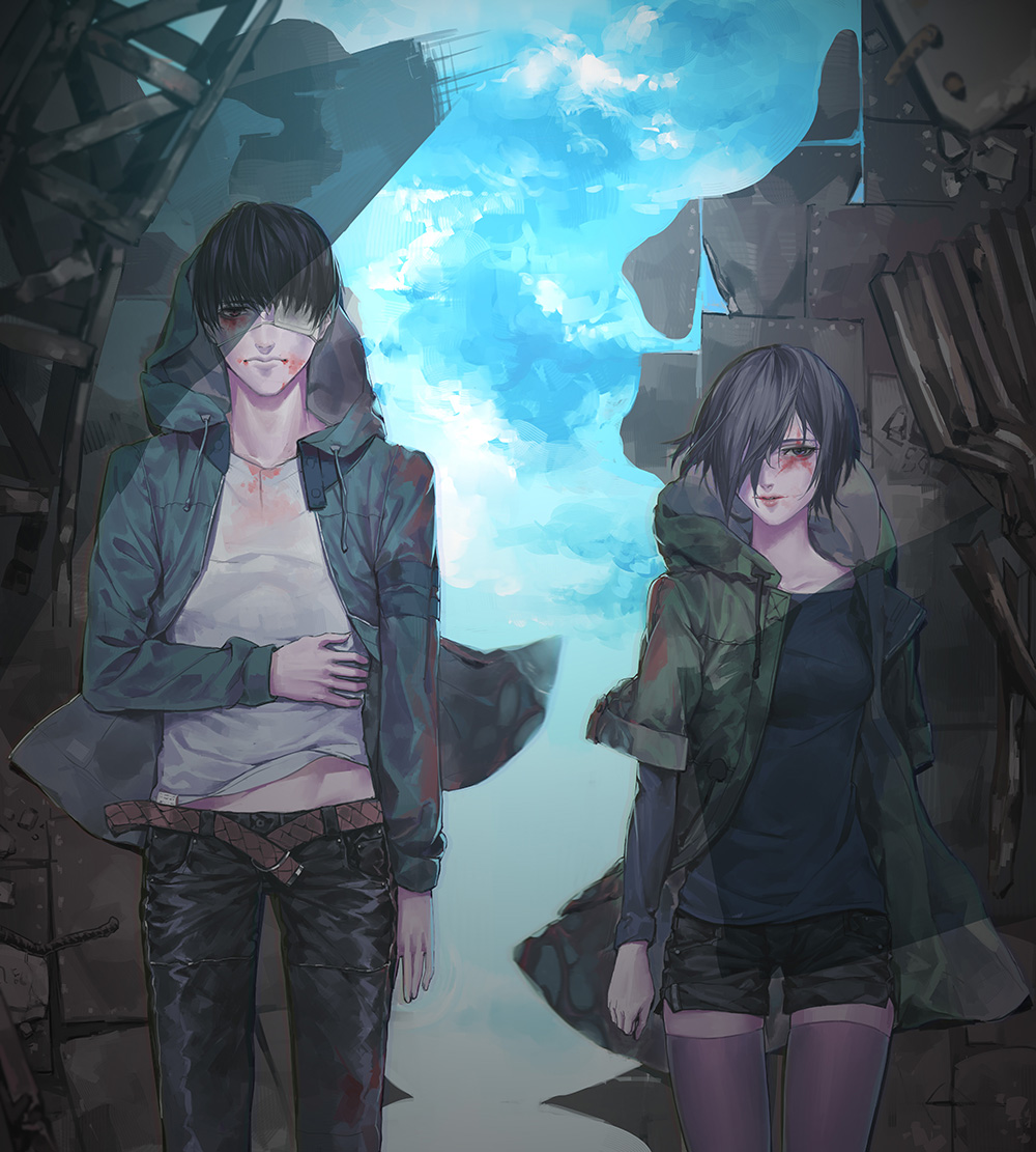 blood, gamma, kaneki_ken, kirishima_touka, thighhighs, tokyo_ghoul