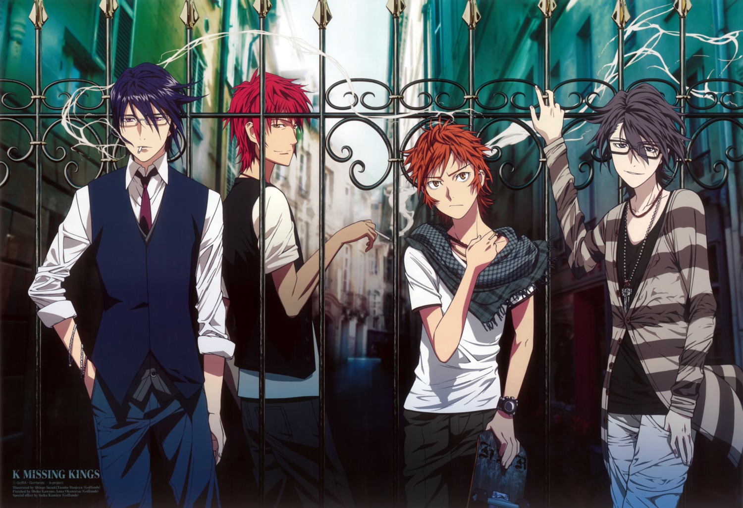 fushimi_saruhiko, k, male, munakata_reisi, smoking, suou_mikoto, suzuki_shingo, yata_misaki
