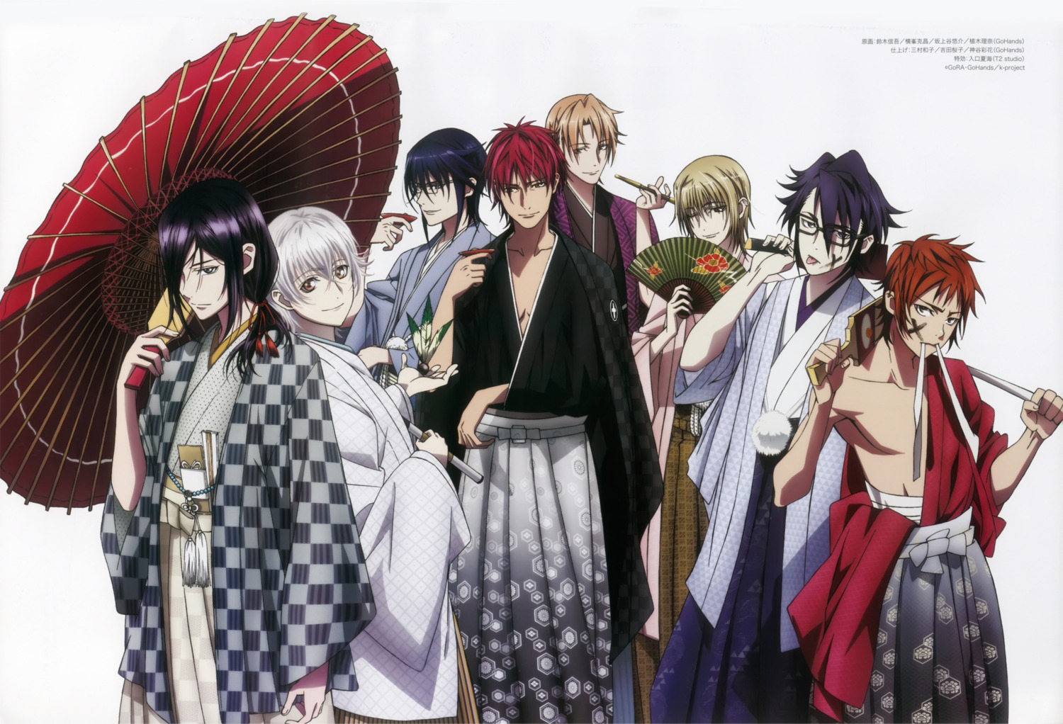 fushimi_saruhiko, isana_yashiro, k, kimono, kusanagi_izumo, male, megane, munakata_reisi