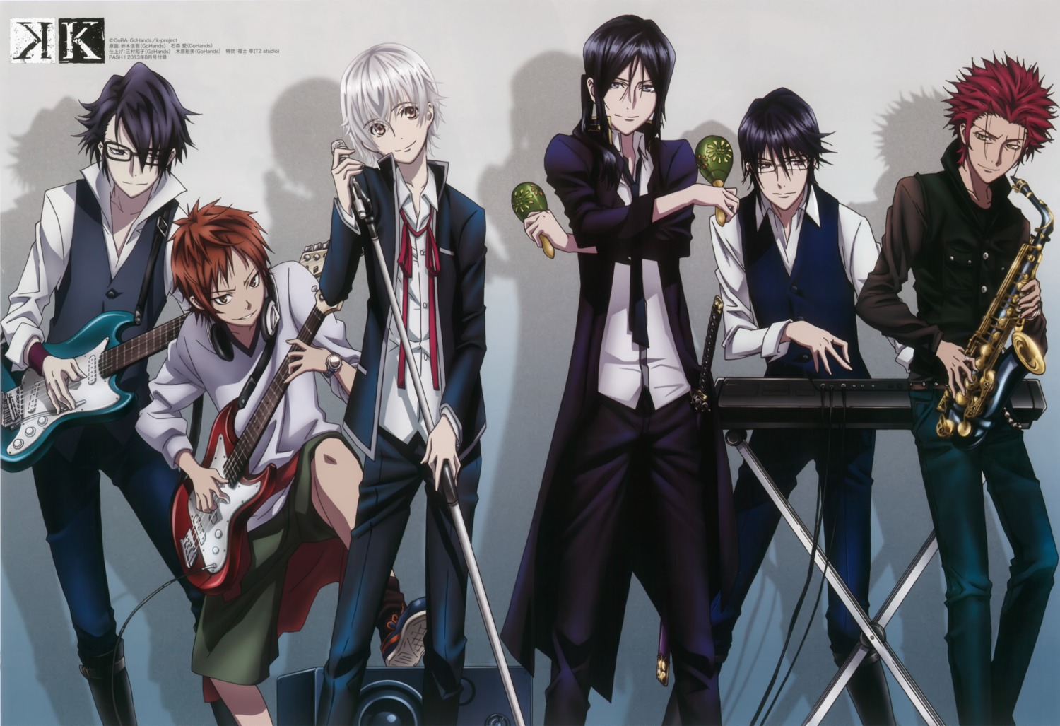fushimi_saruhiko, guitar, isana_yashiro, k, male, megane, munakata_reisi, suou_mikoto