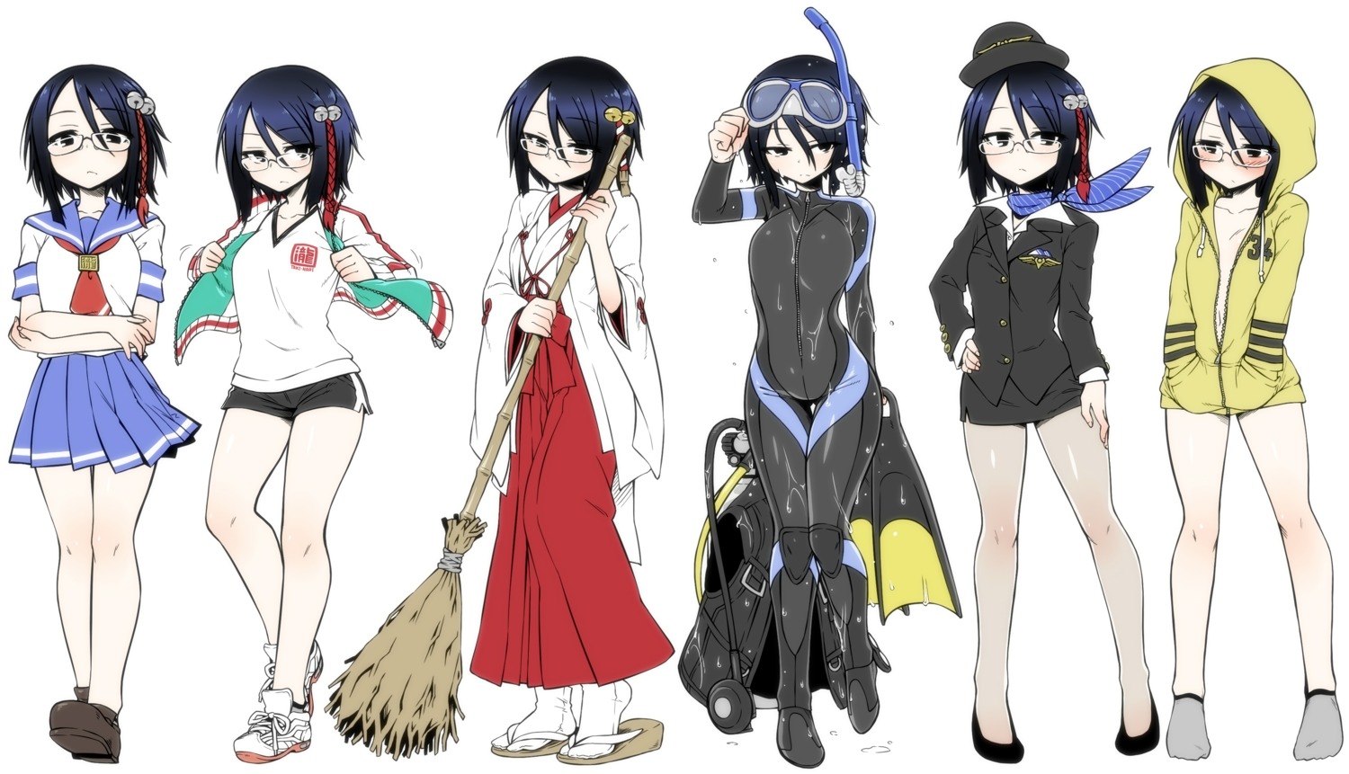 bodysuit, megane, miko, naked_cape, seifuku, wet, yoshida_hideyuki