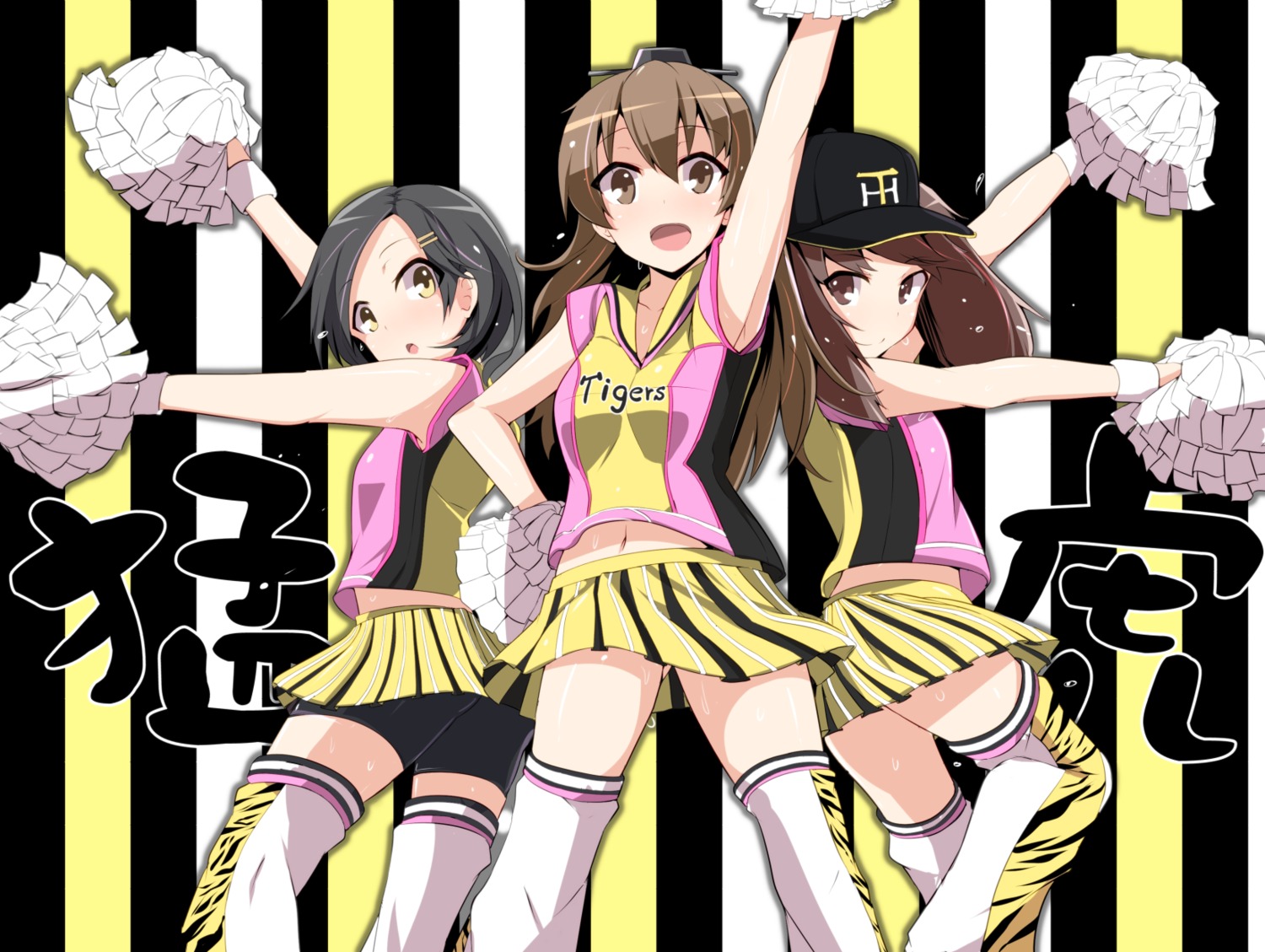 bike_shorts, cheerleader, kantai_collection, kichi8, kumano_(kancolle), kuroshio_(kancolle), ryuujou_(kancolle), skirt_lift