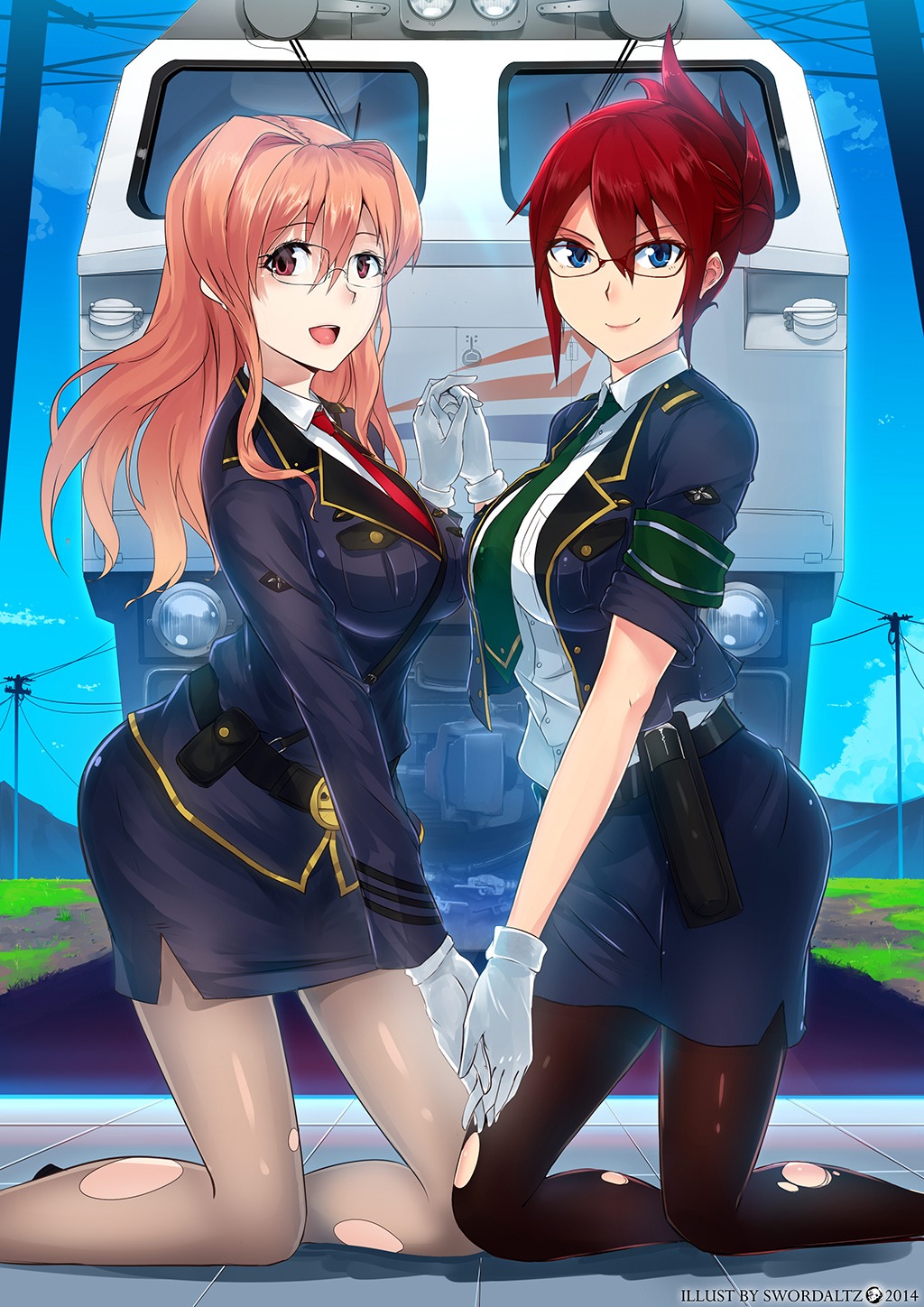 koumi_haruka, megane, pantyhose, police_uniform, rail_wars!, sakurai_aoi_(rail_wars!), swordwaltz