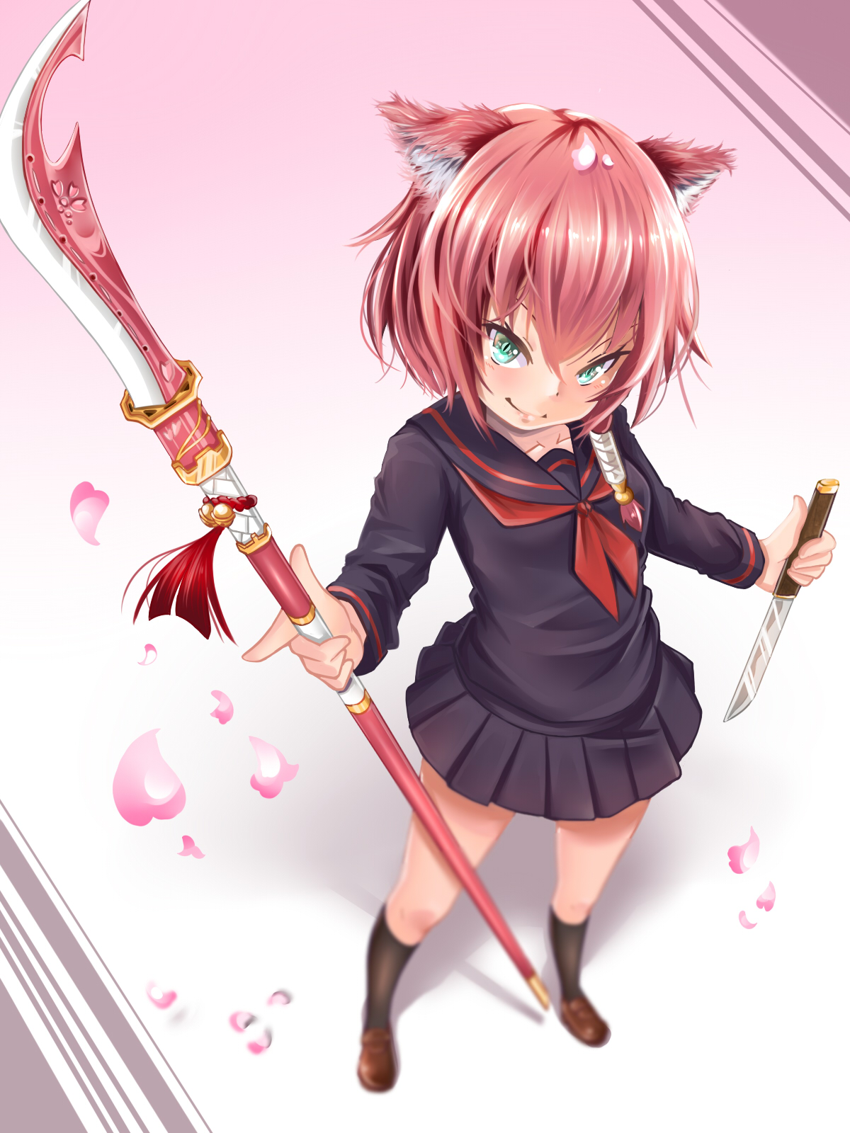 animal_ears, kuro-hero, seifuku, weapon
