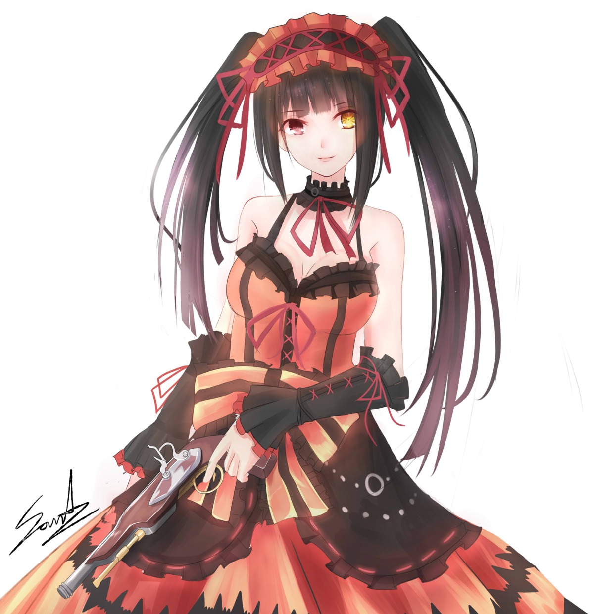 autographed, date_a_live, gothic_lolita, gun, heterochromia, lolita_fashion, shiguru, tokisaki_kurumi