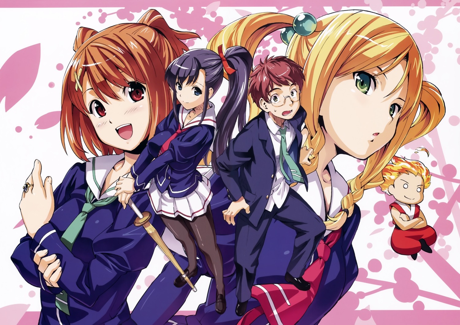 amaya_haruko, himegami_kodama, kushiya_inaho, maken-ki!, megane, ooyama_takeru, pantyhose, seifuku, sword, takeda_hiromitsu