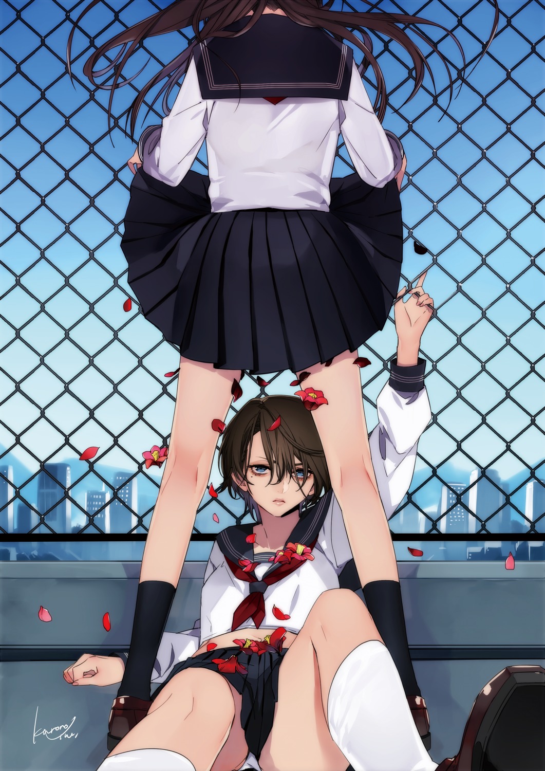 kurono_yuu, pantsu, seifuku, skirt_lift, yuri