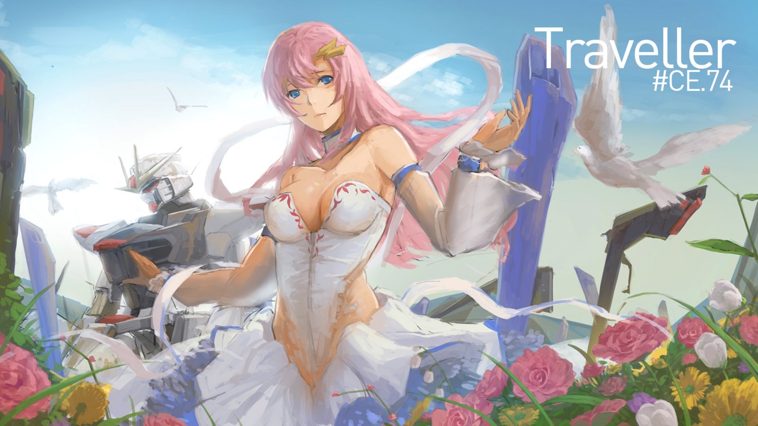 cleavage, dress, gundam, gundam_seed, lacus_clyne, mecha, sky_of_morika
