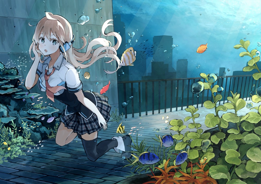 falsehood, headphones, seifuku, thighhighs