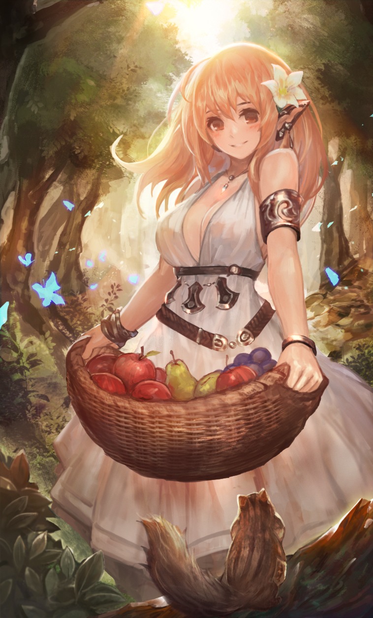 cleavage, dress, pointy_ears, summer_dress, yaoya_musuko