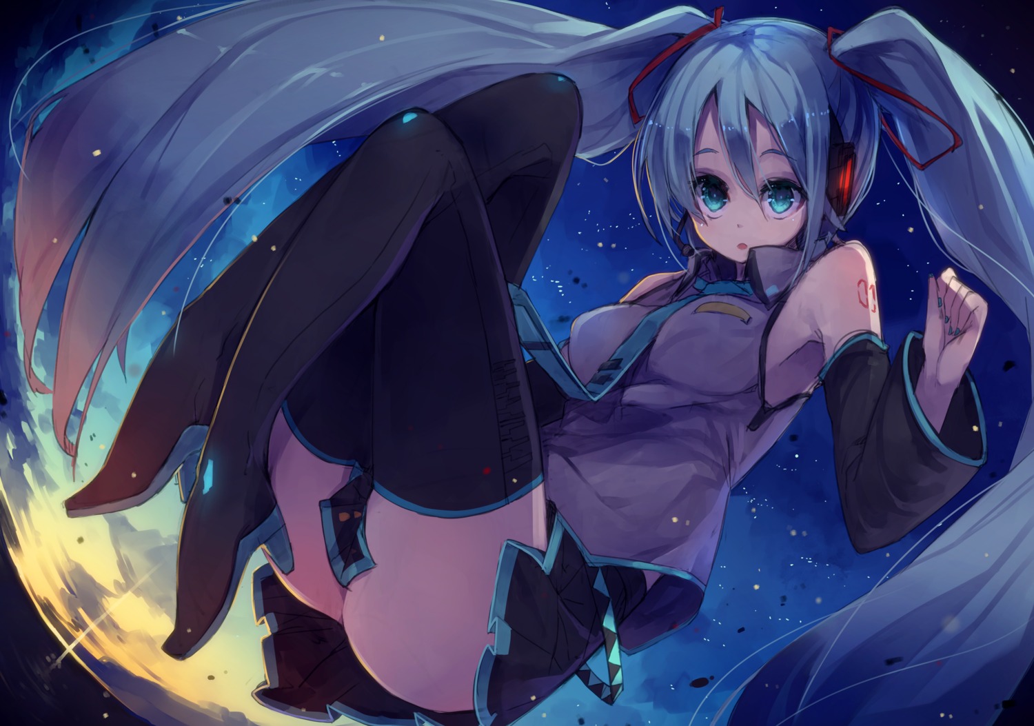 hatsune_miku, headphones, heels, tattoo, thighhighs, ukyo_rst, vocaloid