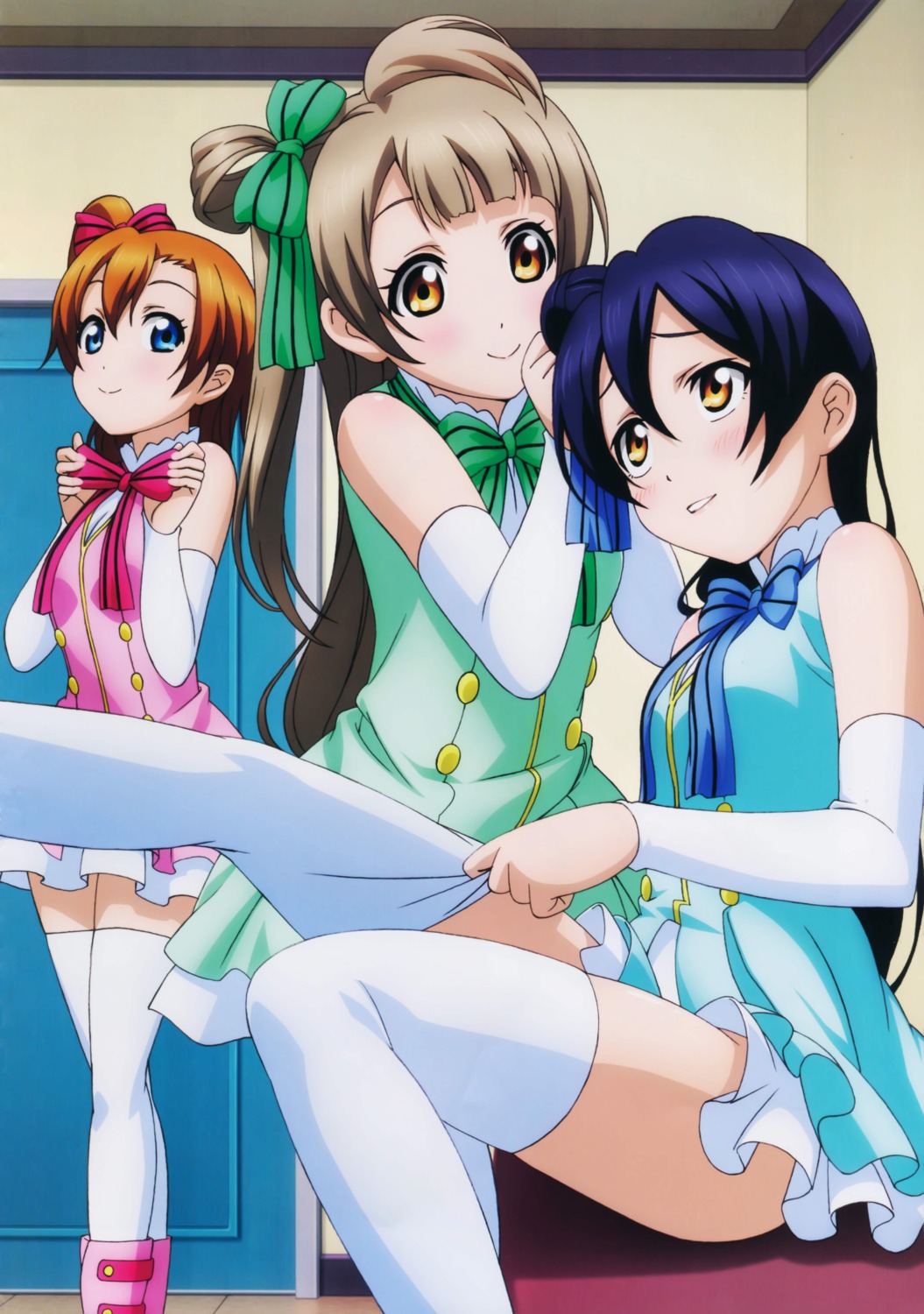 kimura_satoshi, kousaka_honoka, love_live!, love_live!_(series), minami_kotori, sonoda_umi, thighhighs, undressing