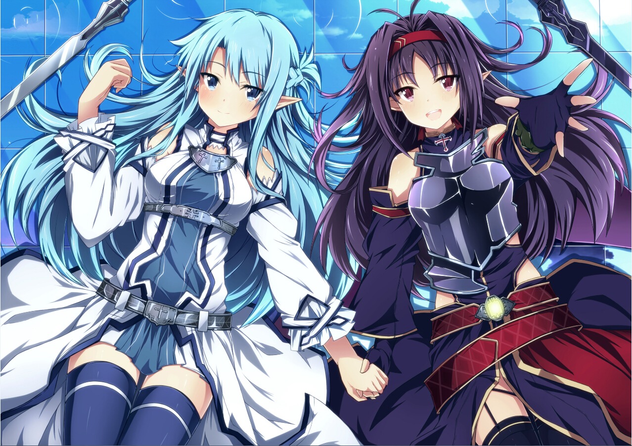 alfheim_online, armor, asuna_(sword_art_online), jianren, konno_yuuki, pointy_ears, sword, sword_art_online