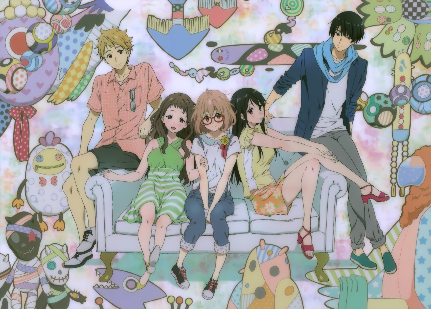 dress, heels, kanbara_akihito, kuriyama_mirai, kyoukai_no_kanata, megane, nase_hiroomi, nase_mitsuki