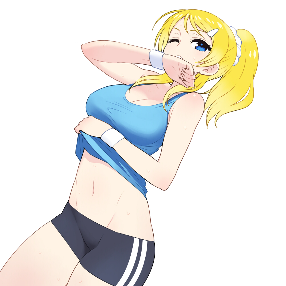 ayase_eli, bike_shorts, chan×co, cleavage, love_live!, love_live!_(series), shirt_lift, wet