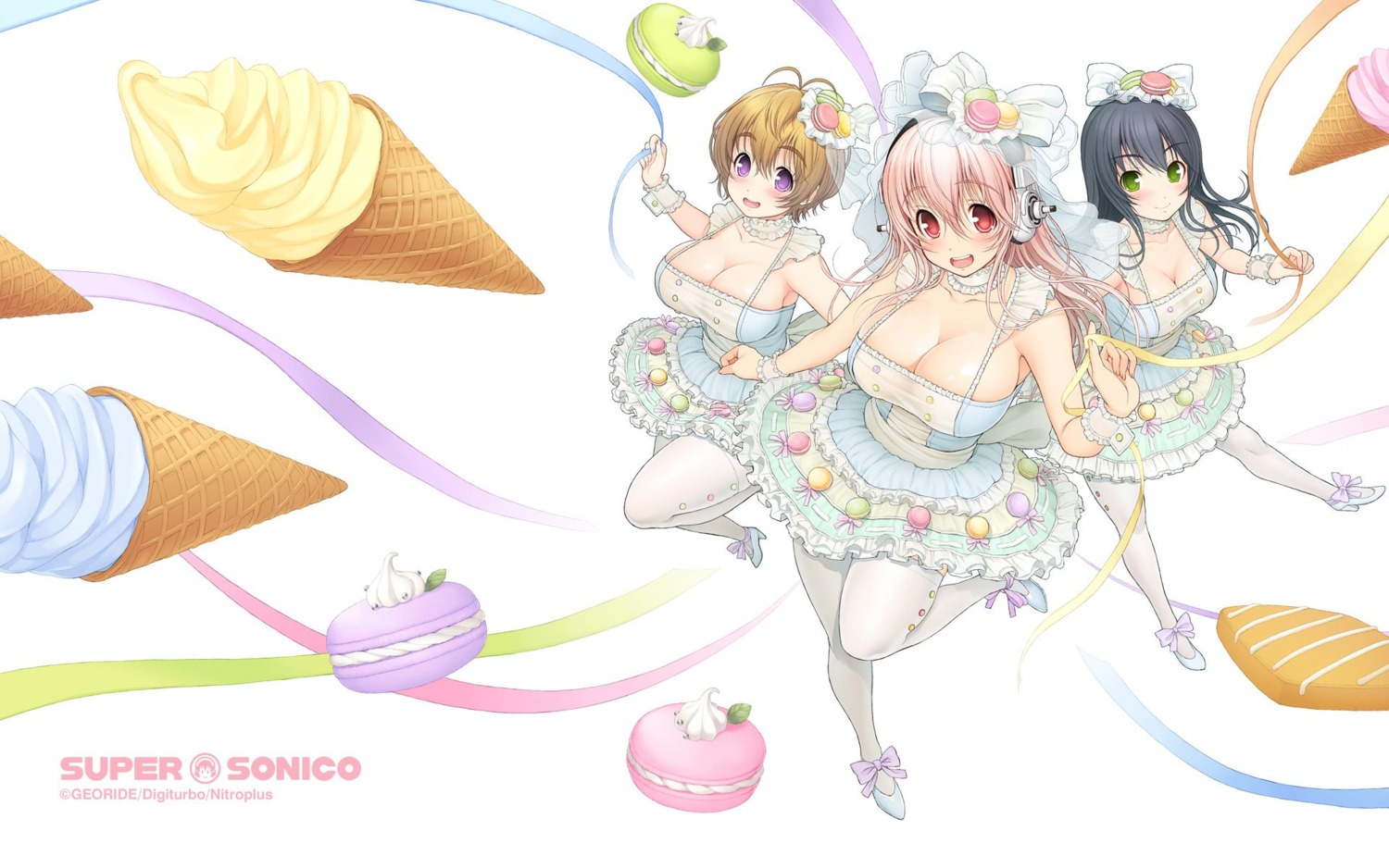 cleavage, dress, fujimi_suzu, headphones, heels, nitroplus, sonico, super_sonico