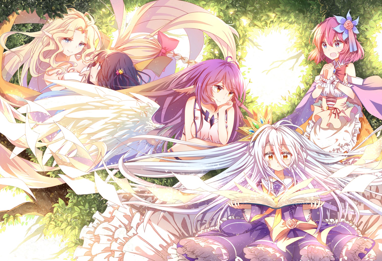 3000kojun, dress, fiel_nirvalen, jibril_(no_game_no_life), kuramii_tseru, no_game_no_life, pointy_ears, shiro_(no_game_no_life), stephanie_dora, wings