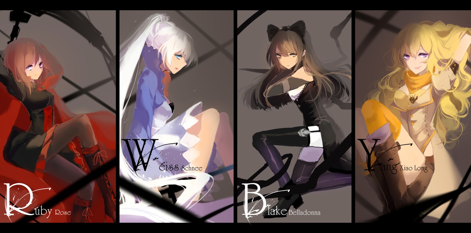 blake_belladonna, dress, heels, pantyhose, prophet_heart, ruby_rose, rwby, stockings, thighhighs, weapon, weiss_schnee, yang_xiao_long