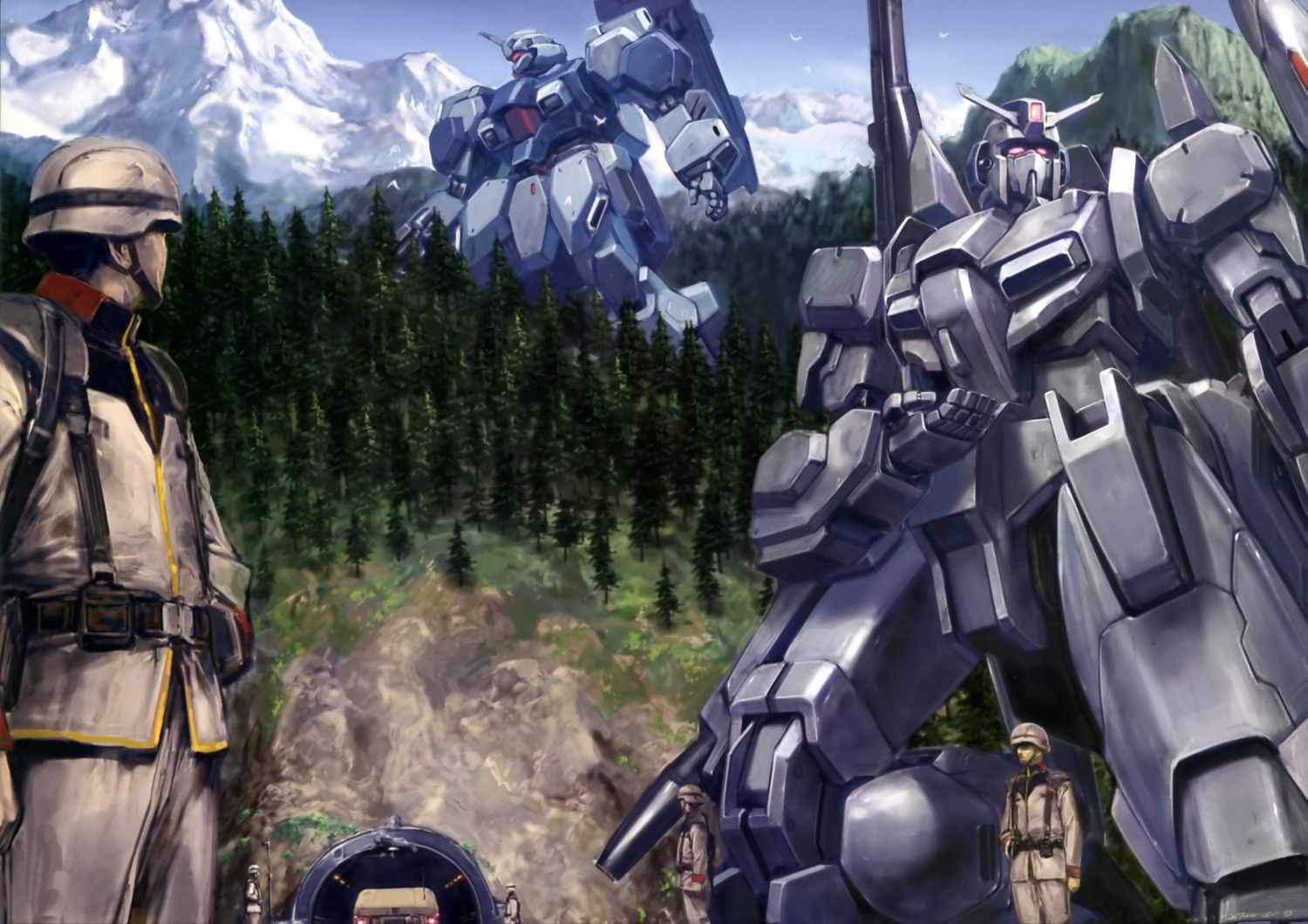 gun, gundam, gundam_unicorn, landscape, male, mecha, msz-006a1_zeta_plus, uniform