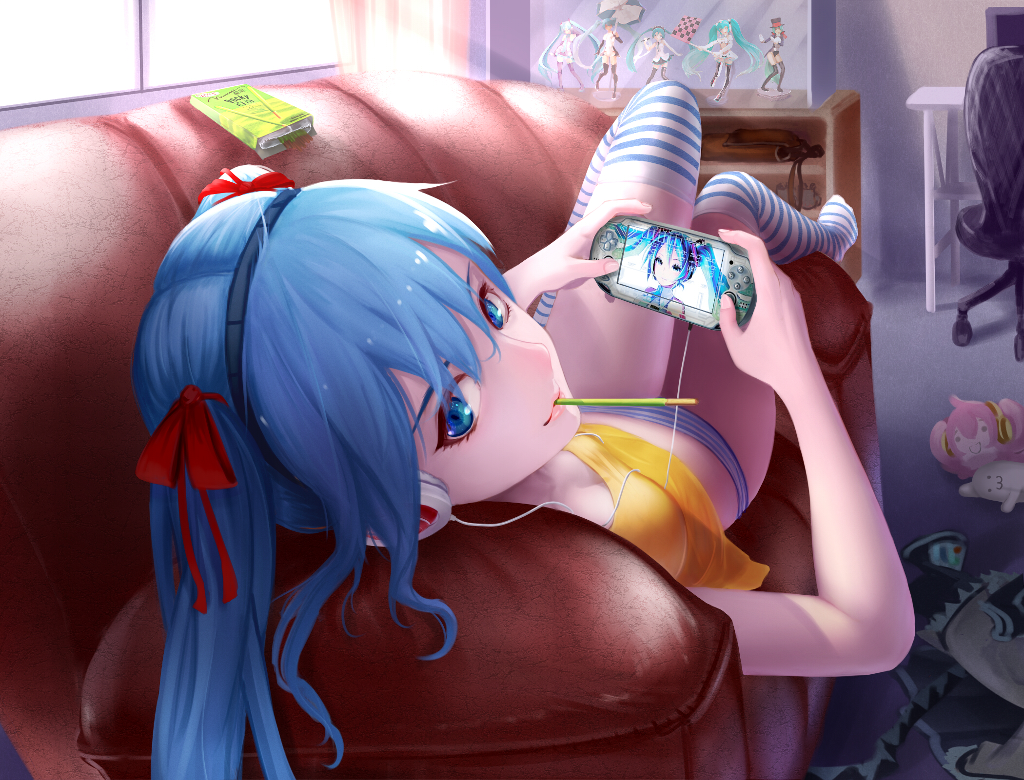 hatsune_miku, headphones, pantsu, shimapan, thighhighs, vocaloid, wei_ji