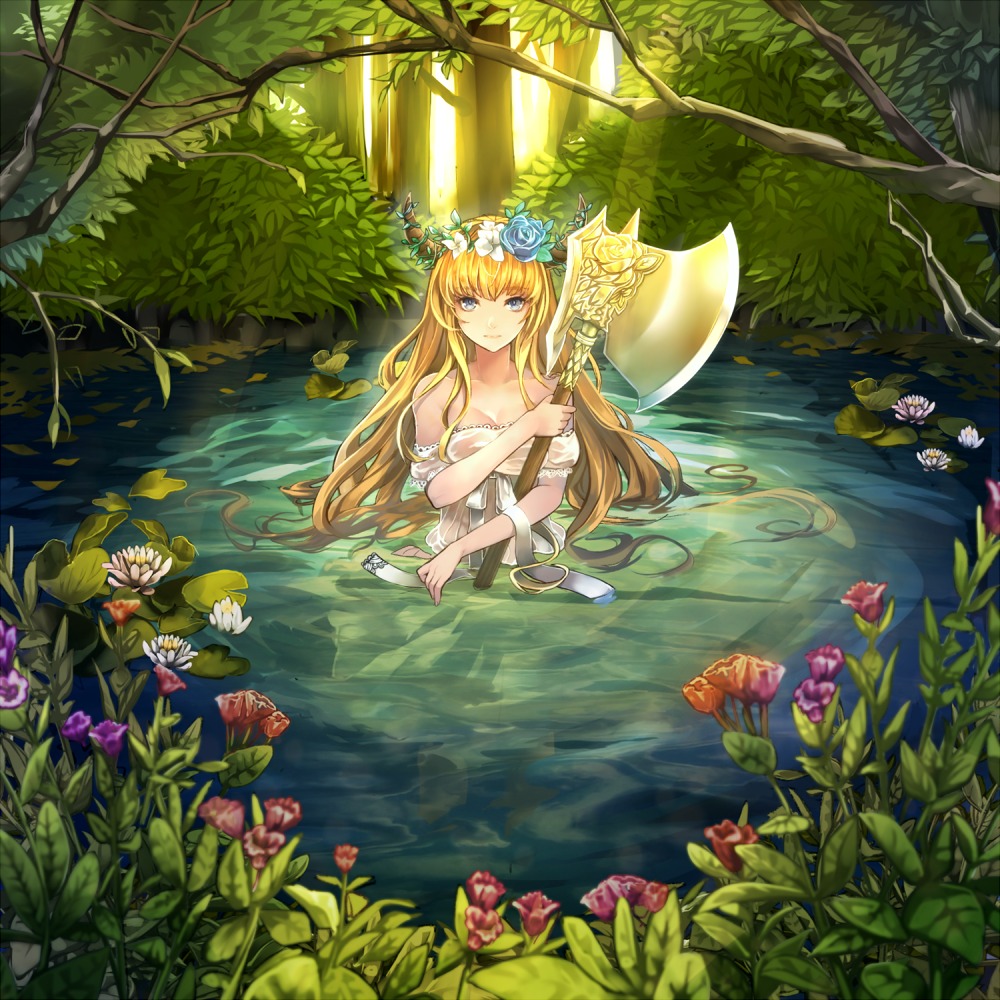 dress, horns, see_through, settyaro, weapon, wet, wet_clothes