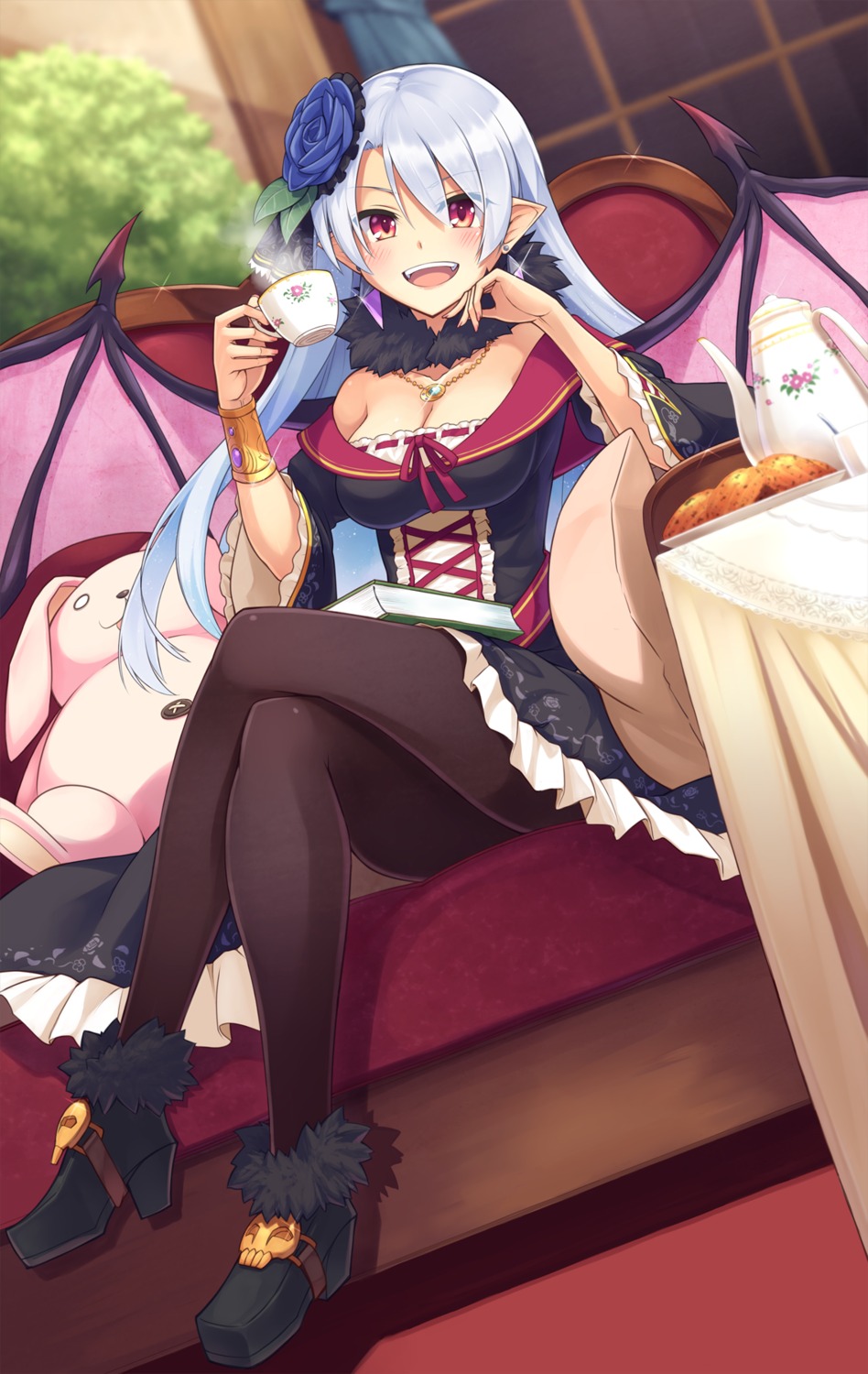 cleavage, heels, oyaji_kusa, pantyhose, pointy_ears, wings