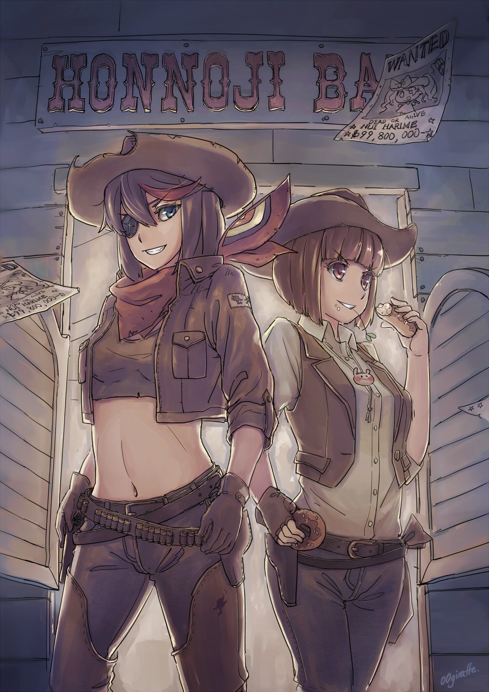 00giraffe, eyepatch, gun, kill_la_kill, mankanshoku_mako, matoi_ryuuko, senketsu