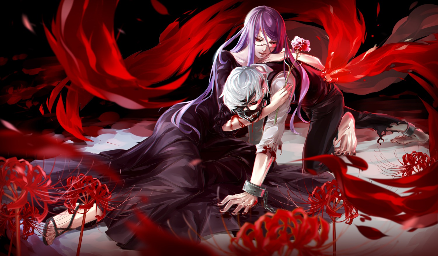 blood, dress, eyepatch, heels, kamishiro_rize, kaneki_ken, megane, nye