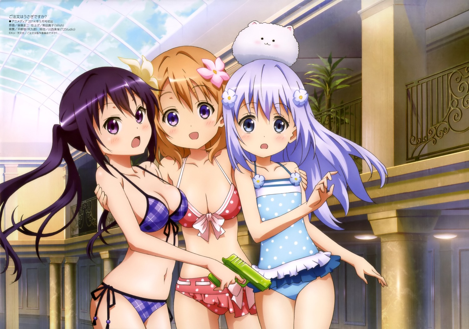 bikini, cleavage, gochuumon_wa_usagi_desu_ka?, gotou_keiji, gun, hoto_cocoa, kafuu_chino, swimsuits, tedeza_rize, tippy_(gochiusa)
