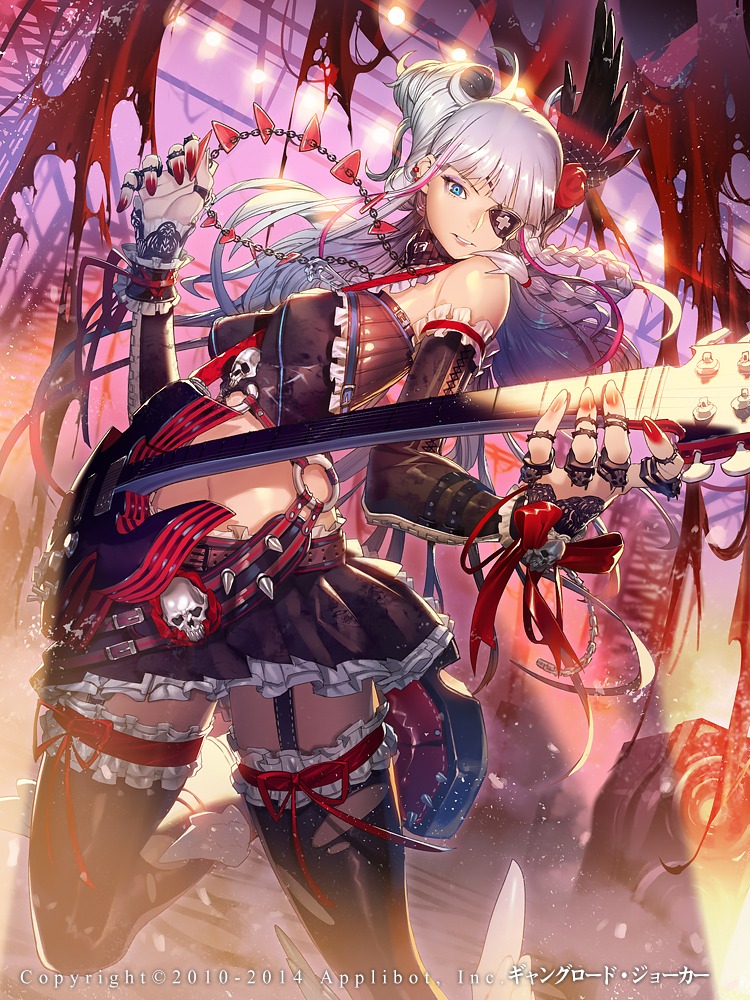 a'j, eyepatch, guitar, heels, stockings, thighhighs