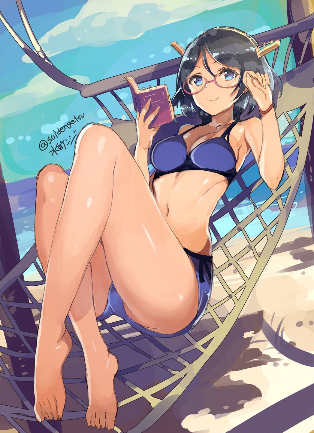 bikini, cleavage, kantai_collection, kirishima_(kancolle), megane, suiden_getsu, swimsuits