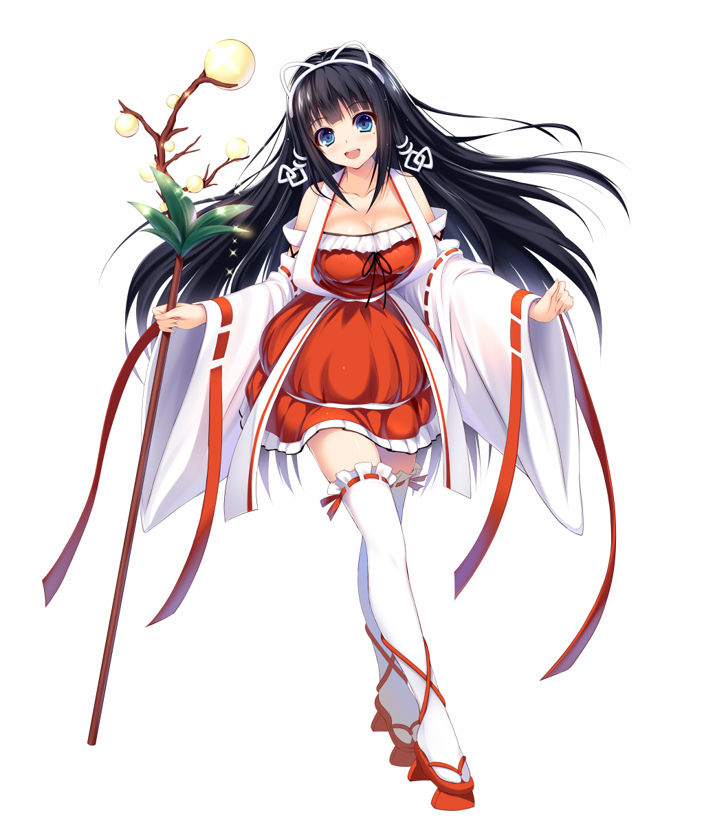 cleavage, migumigu, miko, thighhighs