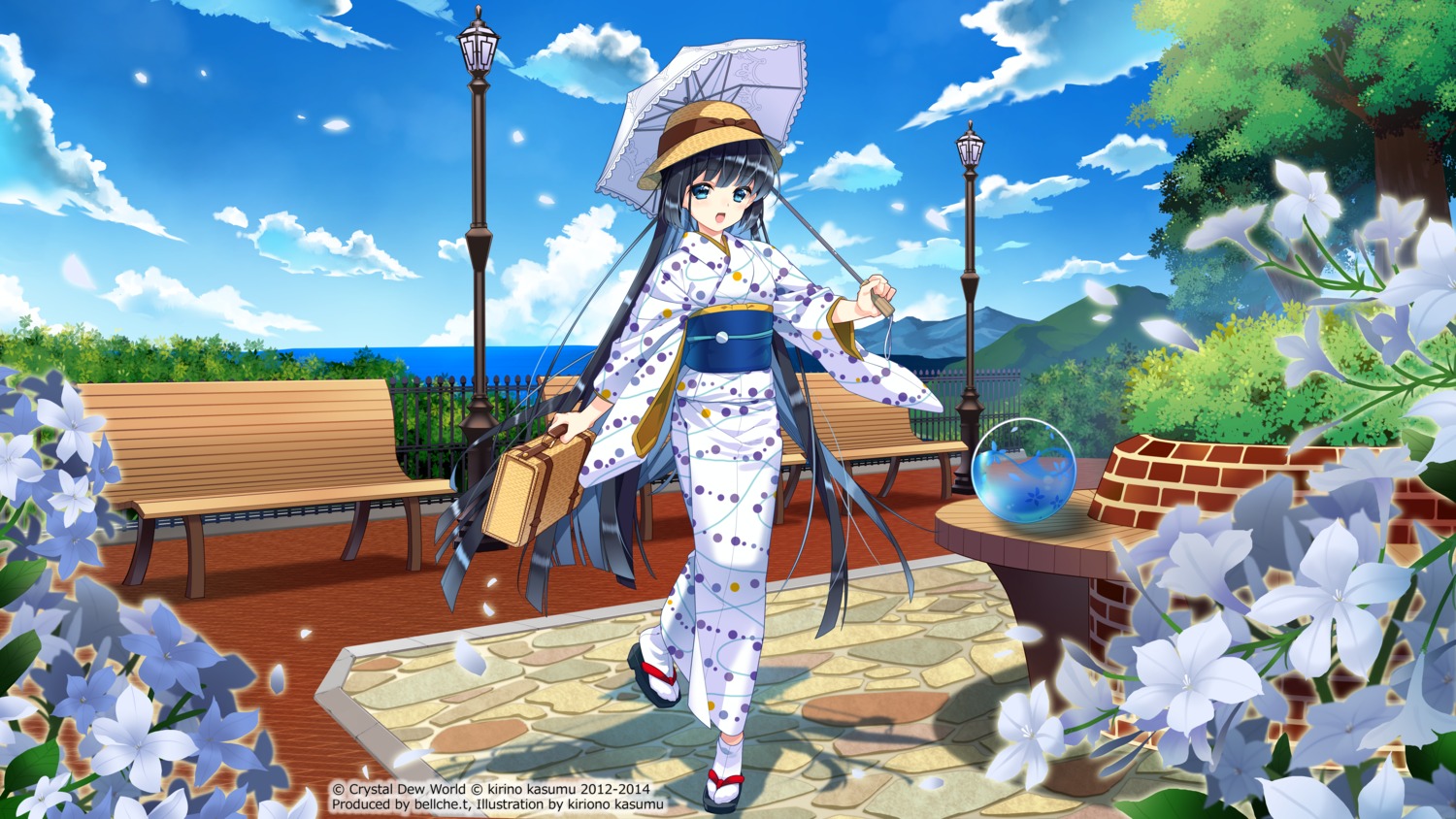 crystal_dew_world, kimono, kirino_kasumu, suishou_shizuku, umbrella, wallpaper