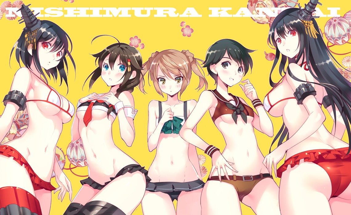 ass, bikini, cleavage, erimo, fusou_(kancolle), kantai_collection, michishio_(kancolle), mogami_(kancolle), shigure_(kancolle), swimsuits, thighhighs, underboob, yamashiro_(kancolle)